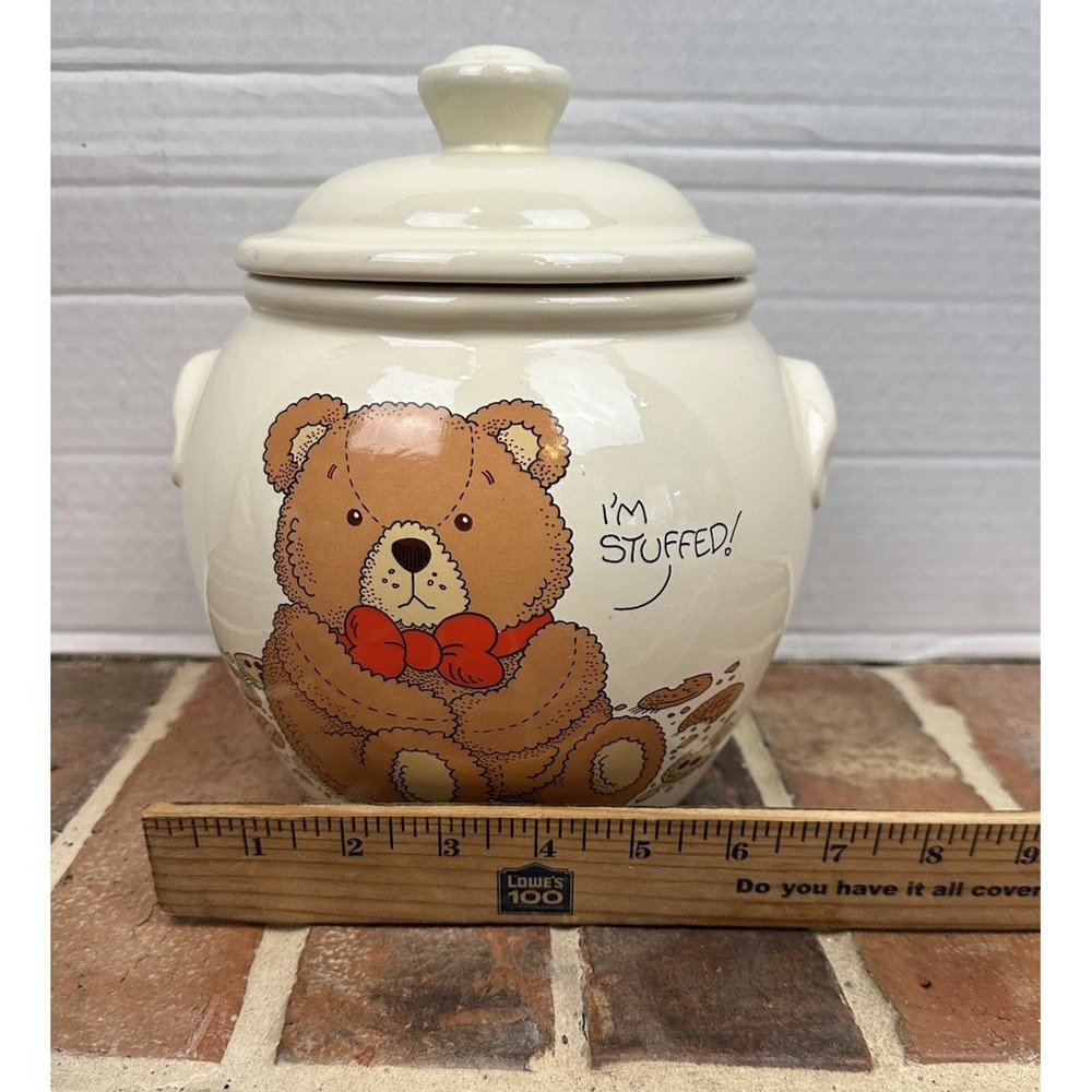 Treasure Craft I'm Stuffed Teddy Bear Cookie Jar Vintage 1985 Brown Bear Red Bow